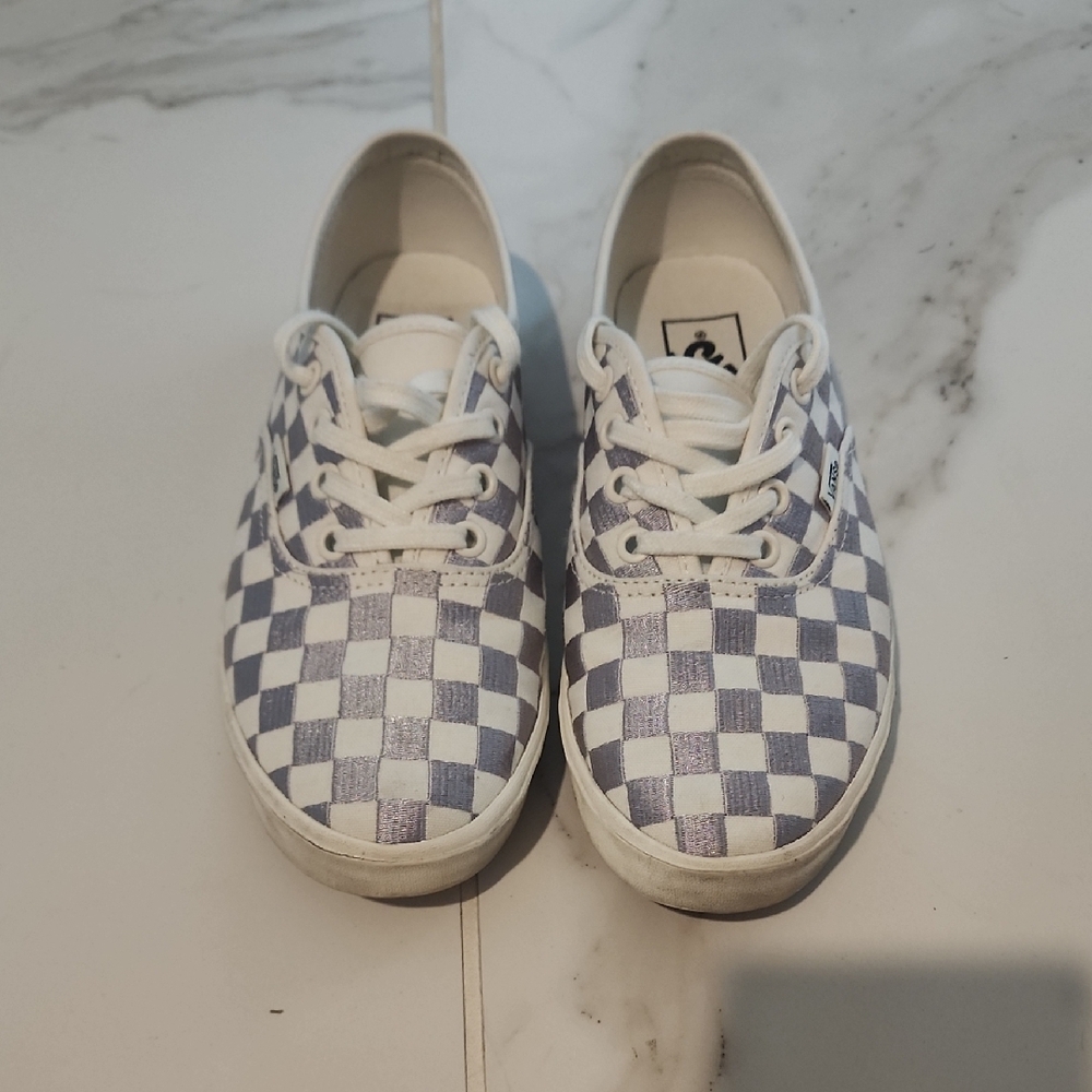 Vans White and Silver Checkerboard Sneakers